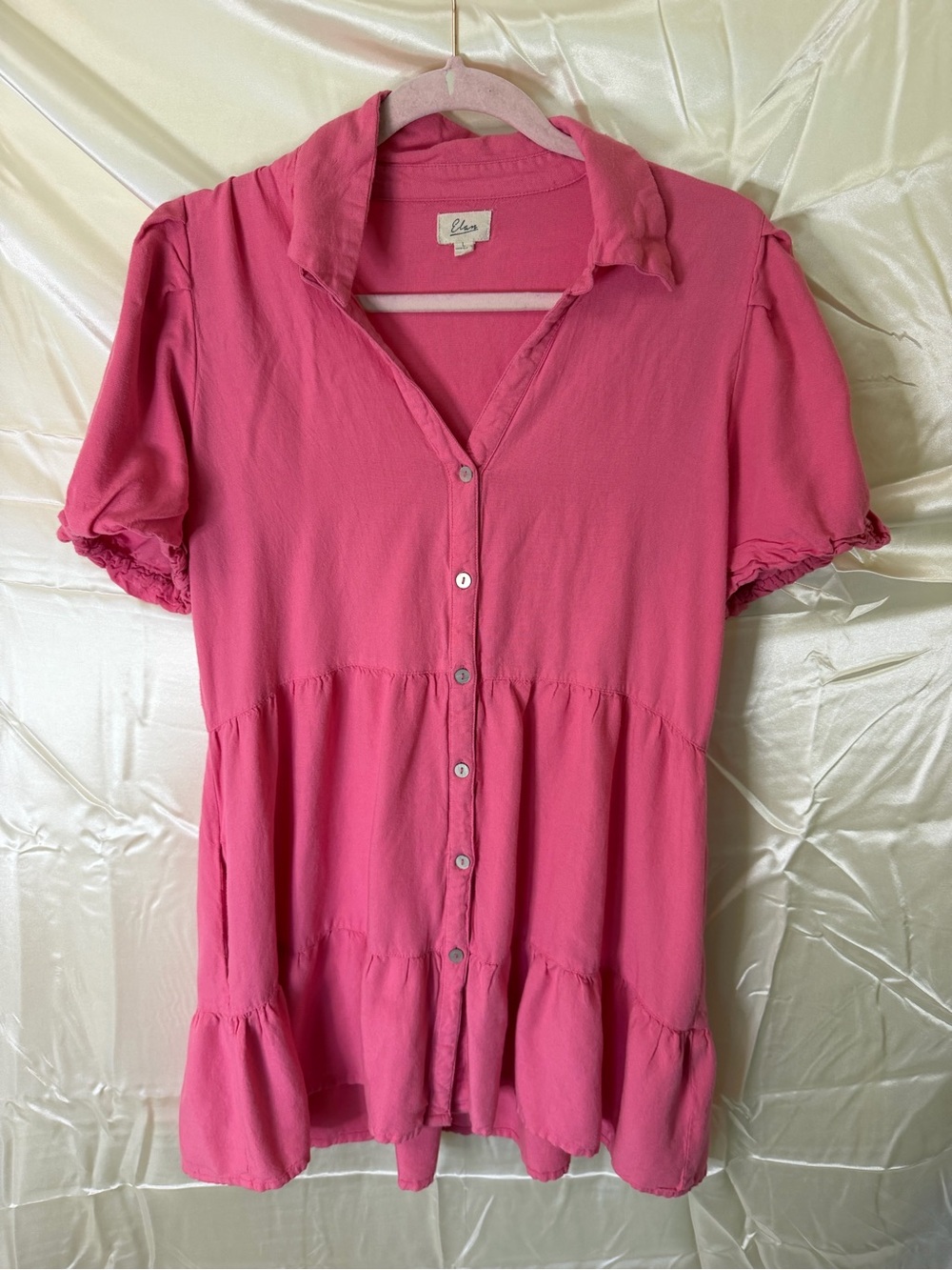 Elan Pink Tiered Mini Shirt Dress Size L Linen Blend Button Front Pockets
